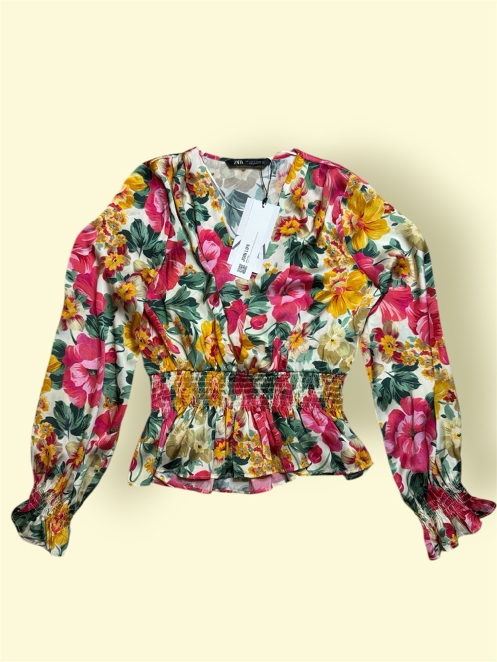 NWT Zara Pink, Yellow & Cream Floral Smocked Waist V-Neck Blouse sz S